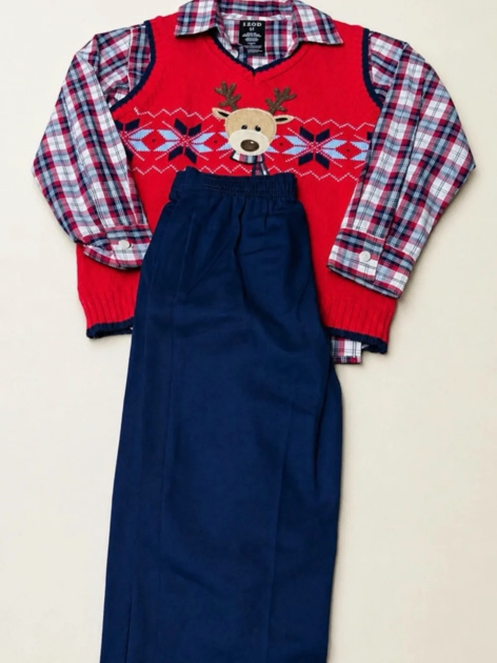 Izod Red Reindeer Knit Vest Plaid Shirt and Navy Pants Set